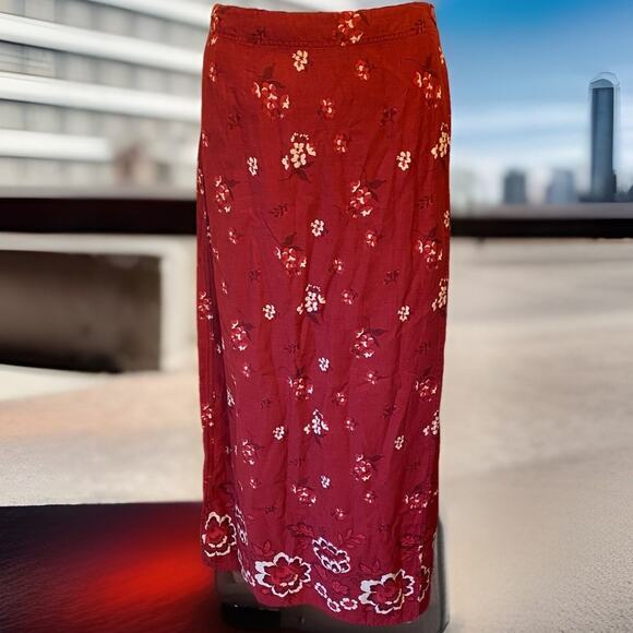 Eddie Bauer Vintage Linen Cotton FullWrap Maxi Skirt 14 Red Floral Modest Beach - Picture 1 of 7